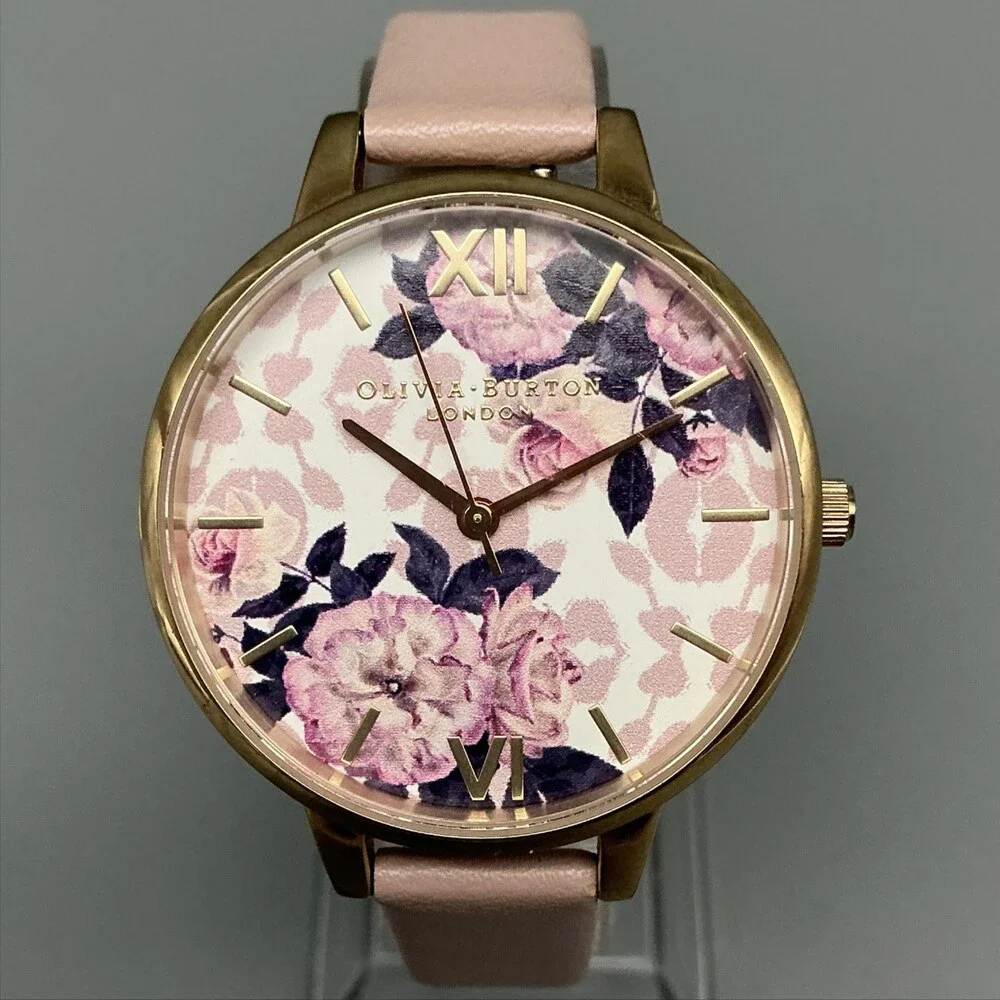 Olivia Burton Wild Flower Womens Watch 34mm Pink Strap Gold Tone New Battery